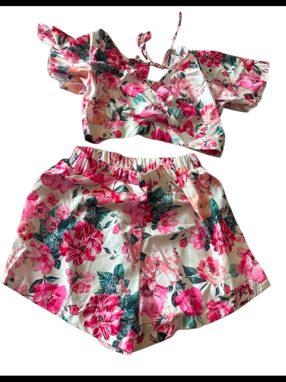 Women’s 2PC Floral Set Backless Bow Tie Crop Top Bell Sleeve Elastic Waist Short